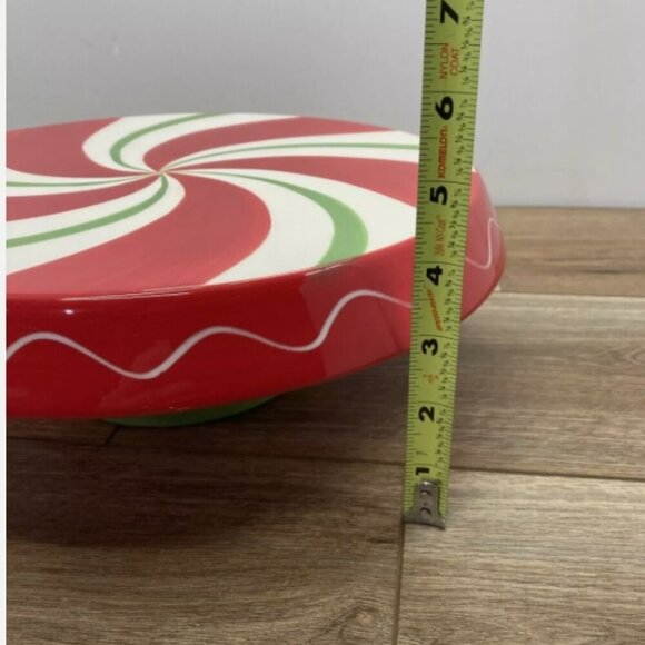 Red Peppermint Swirl Footed Cake Stand Plate Pedestal Chip & Dip Bowl - Picture 4 of 6